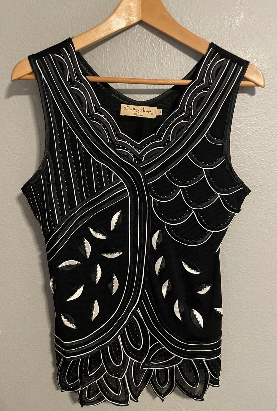 Pretty Angel Womens Tank Top Large Black Embroidered Cutout Silk Stretch Artsy